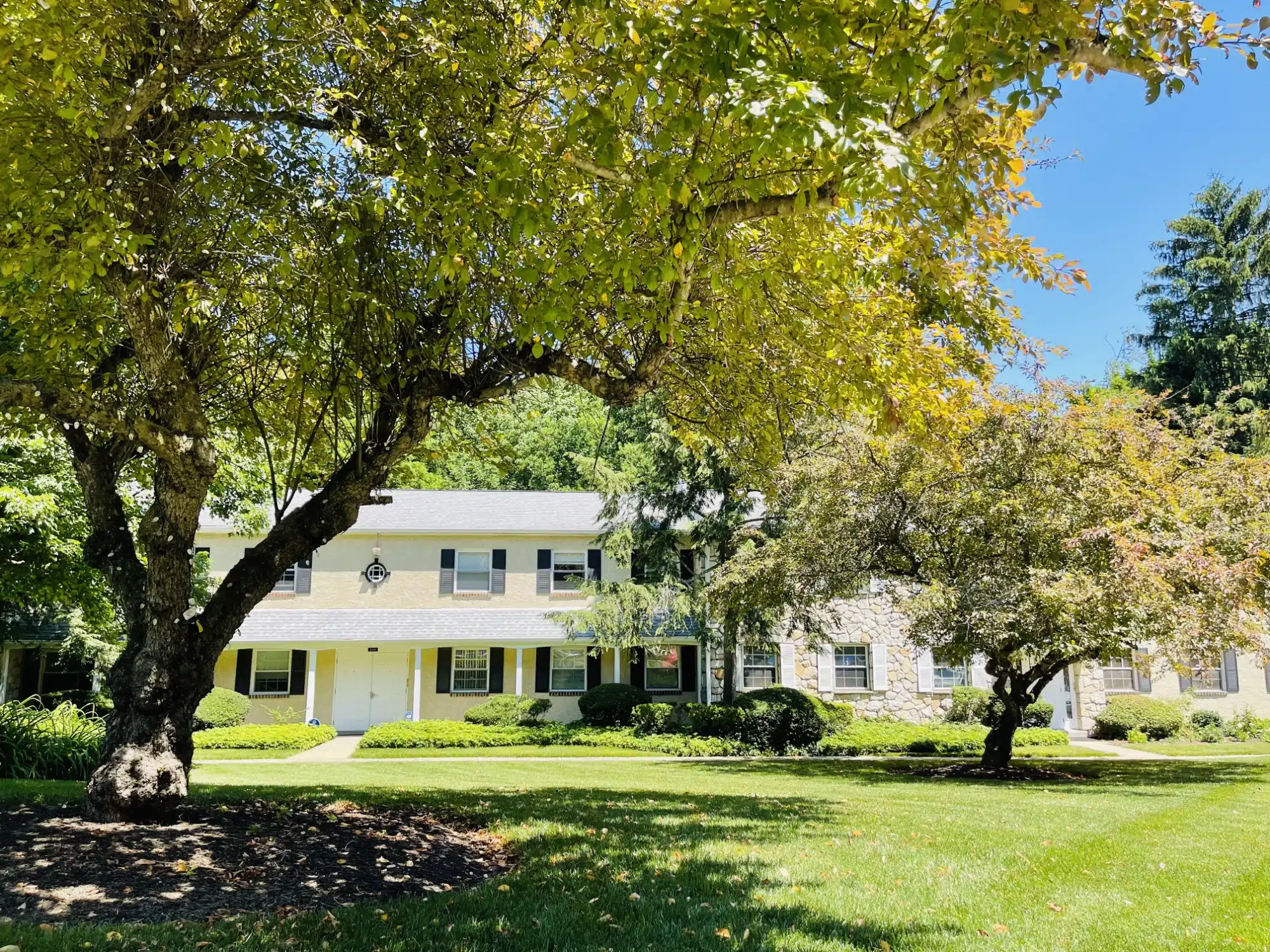 A large two-story suburban house with light-colored brick and stone facade, surrounded by green trees and a well-manicured lawn under a clear blue sky.