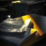 A classroom desk with a closed notebook illuminated by a beam of sunlight, with other desks visible in the shadowy background.